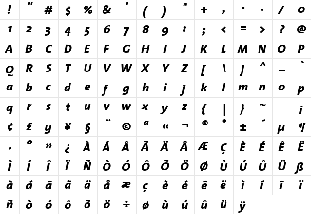 TheSansExtraBold-Italic Regular  glyph index