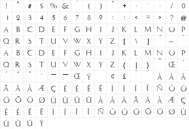 Ithaka Regular  glyph index