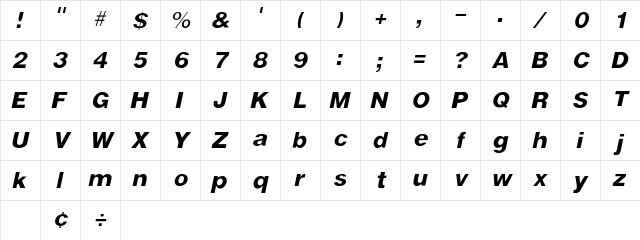 VivasSSK Italic  glyph index