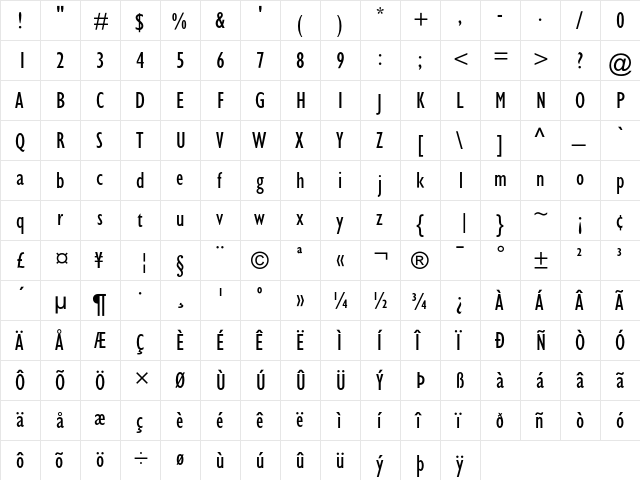 Gill Sans Condensed  glyph index