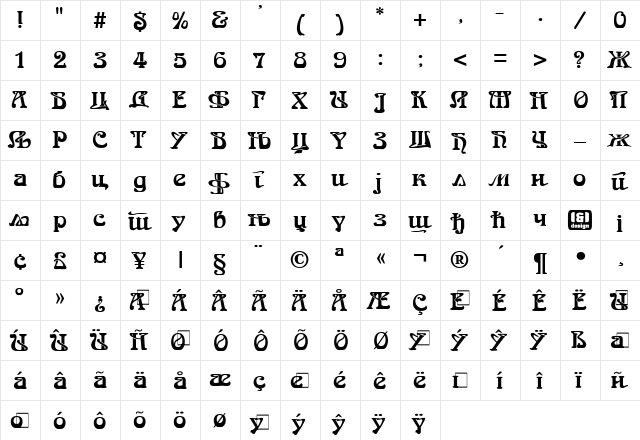 ArnoldBoecklinCIrilica Regular  glyph index