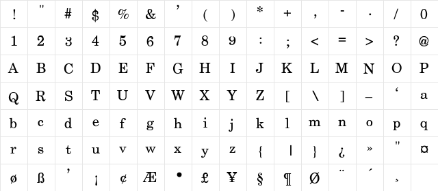 CenturySchoolbook-Thin Regular  glyph index