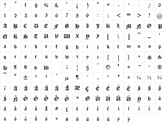 Old London DB Normal  glyph index