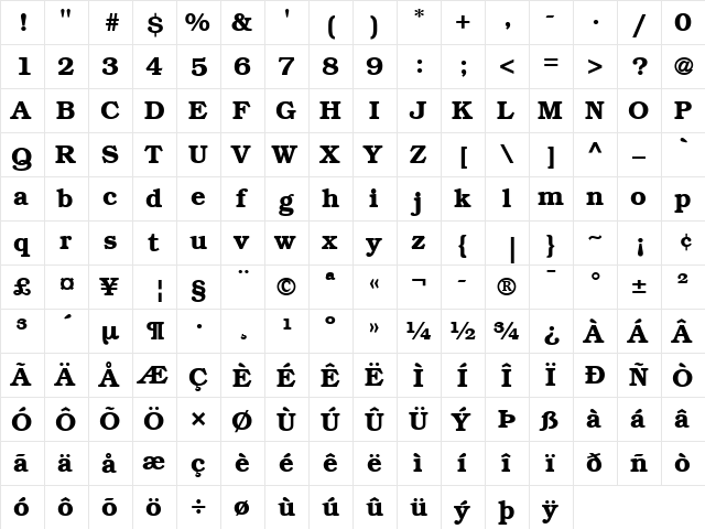 Bookman LT Light Bold  glyph index