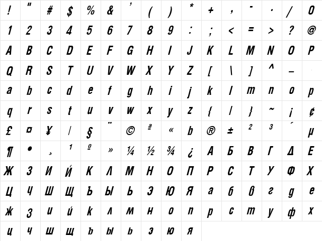 Apric Bold It  glyph index