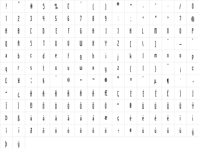 Lady Ice - Condensed Regular  glyph index
