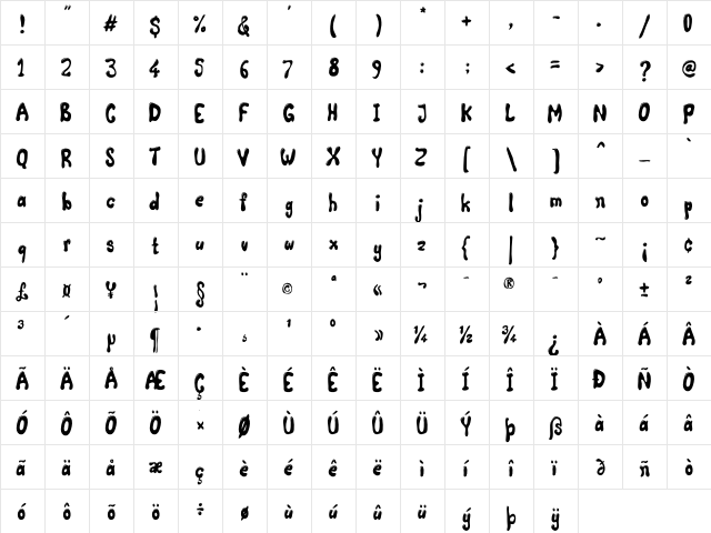 Comic Land Highlight Regular  glyph index