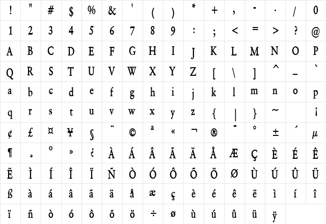 Garrick Thin Bold  glyph index