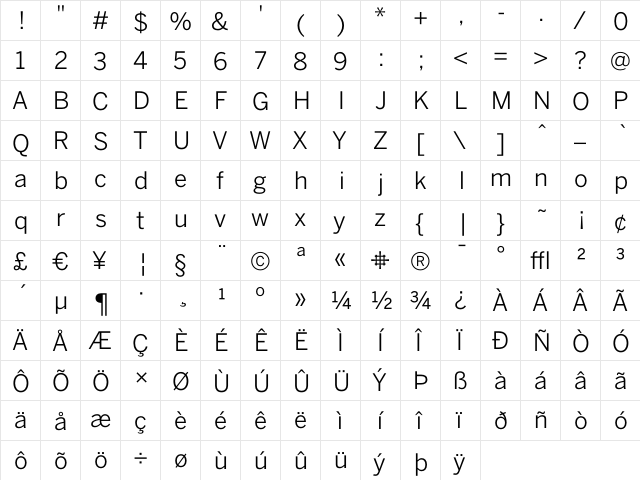 BentonSans Book  glyph index