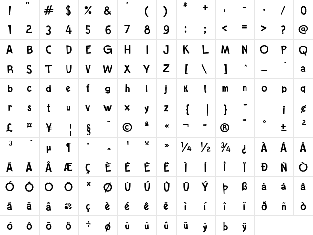 Cartoon Toy Turbo Bold  glyph index