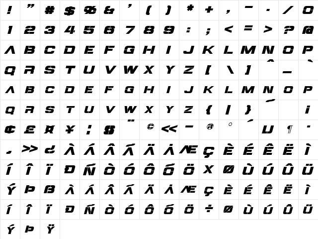 Steiner Italic  glyph index