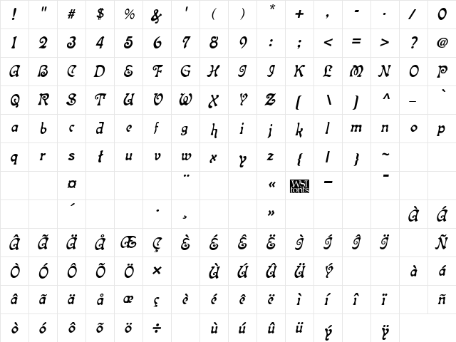 Topeka Italic  glyph index