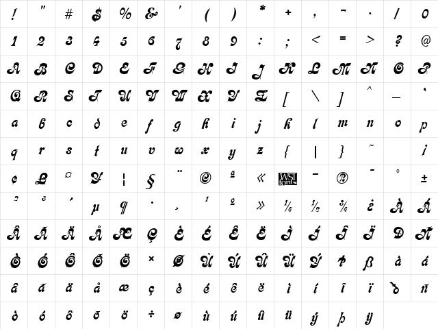 Fleetwood Regular  glyph index