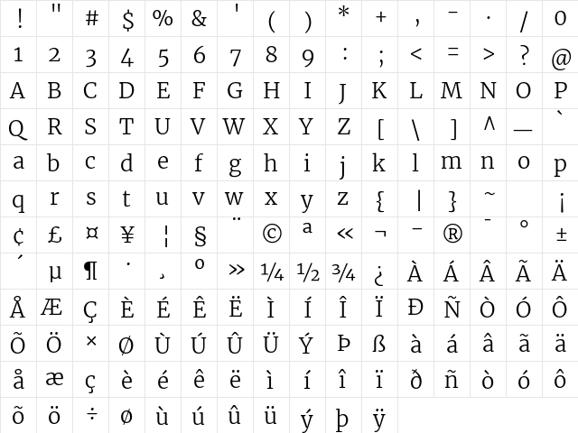 Merriweather Light Regular  glyph index