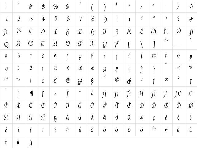 MKalligFrax Medium Italic  glyph index