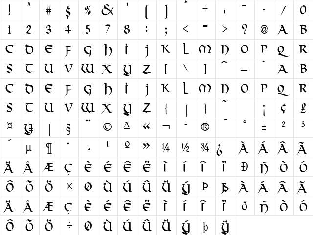 Valhalla-Condensed Normal  glyph index