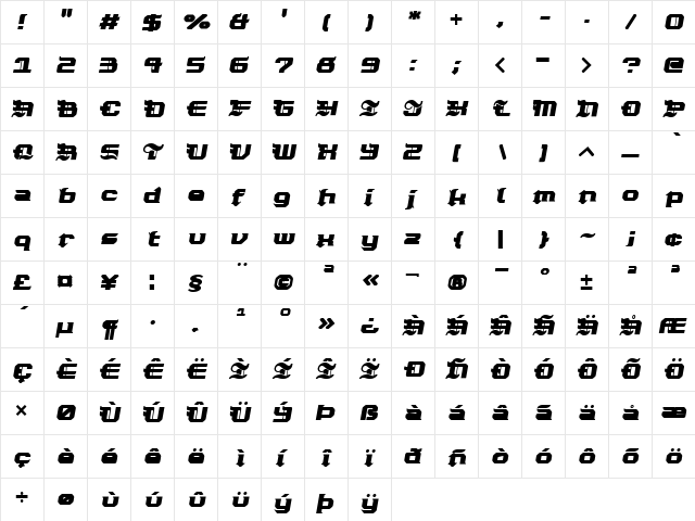 Nightjar BlackOblique Regular  glyph index