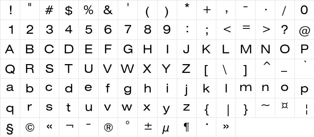 HeliosExt Regular  glyph index
