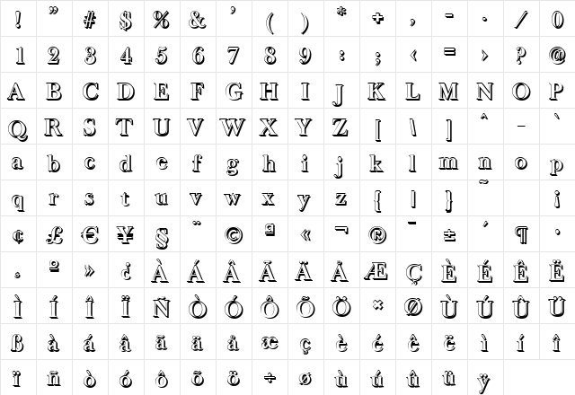 CrossBeckerShadow Bold  glyph index