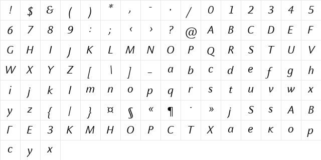 CelesteSans Italic  glyph index