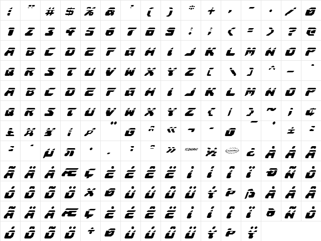 Astropolis Laser Italic Italic  glyph index