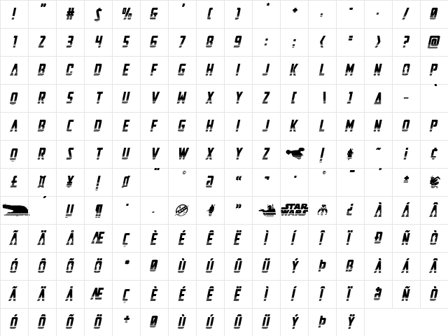 Mandalore Halftone Italic Regular  glyph index