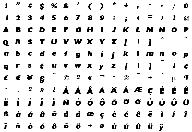 DavidBecker-Heavy Italic  glyph index