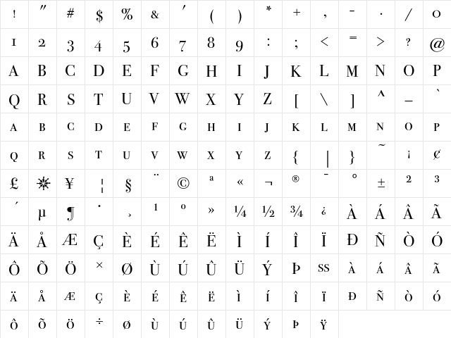 BodoniSeventytwoEF BookSC  glyph index