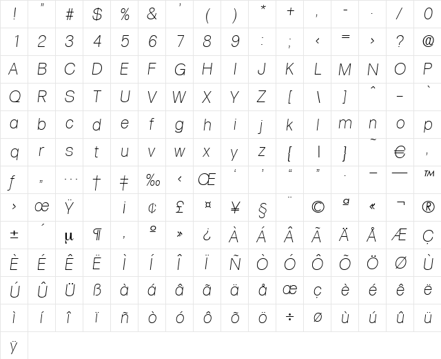 Formula-XlightIta Regular  glyph index