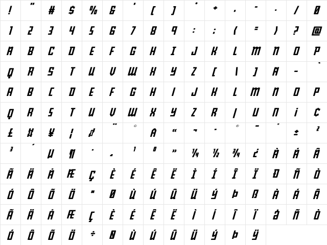 Young Patriot Expanded Italic Expanded Italic  glyph index