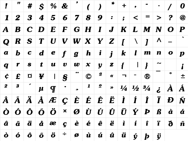 Sojourn Bold  glyph index