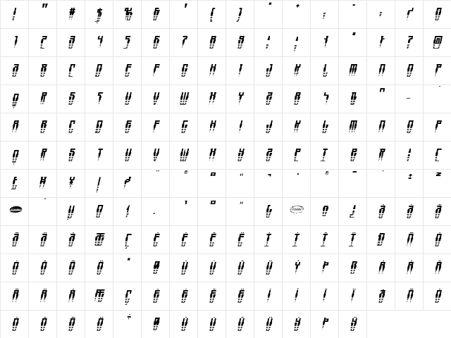 Swordtooth Halftone Italic Italic  glyph index