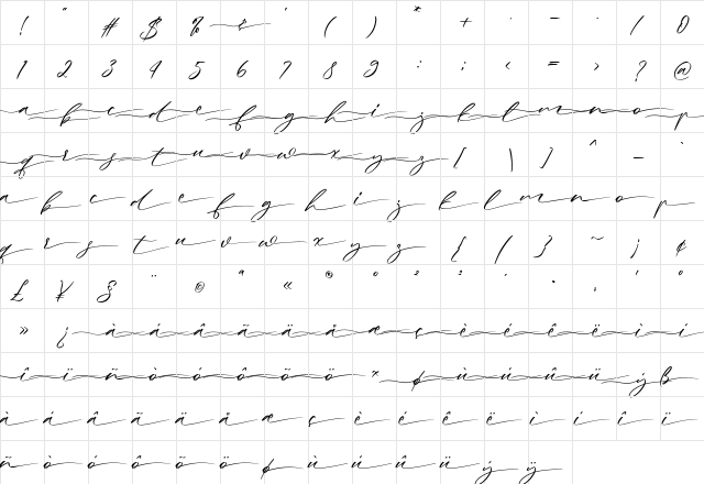Gladis Regular  glyph index