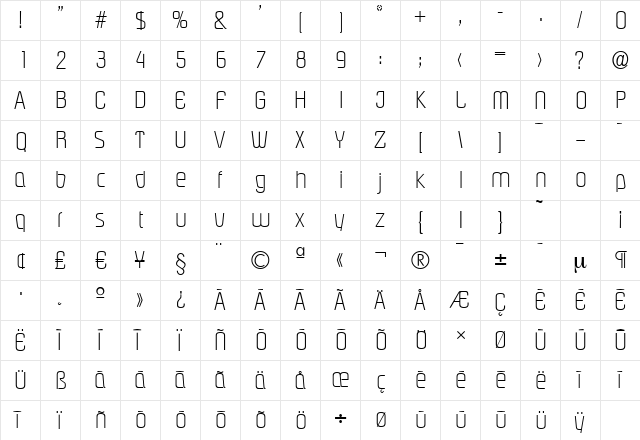 PasadenaSerial-Xlight Regular  glyph index