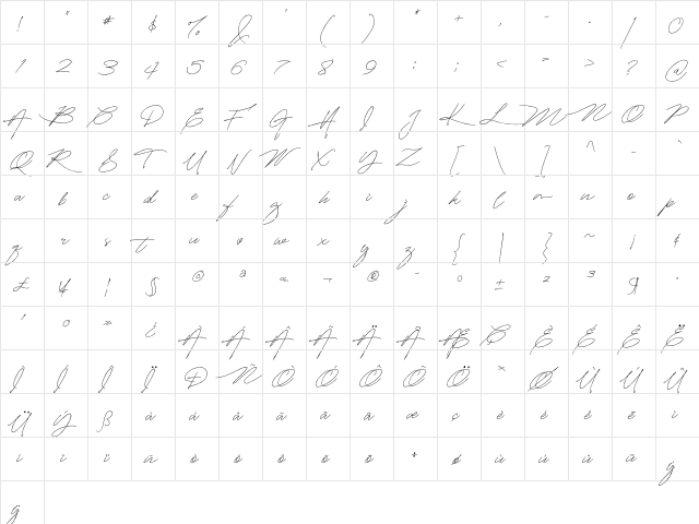 Mightam Brush Regular  glyph index