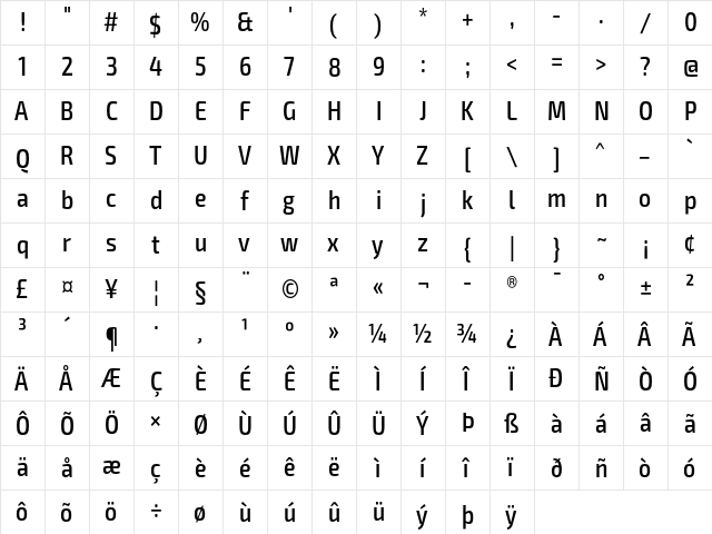 Exo 2 Medium Condensed  glyph index