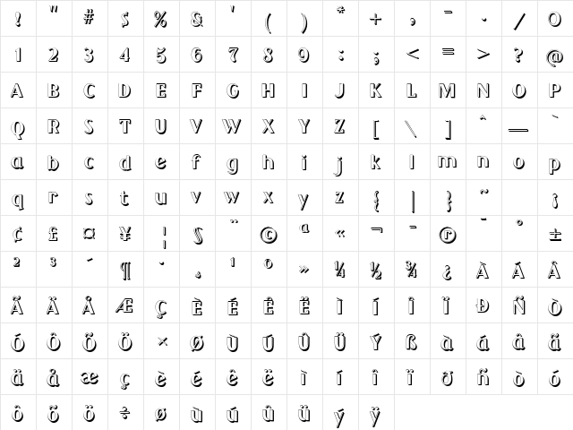 GrandecortShadow Regular  glyph index