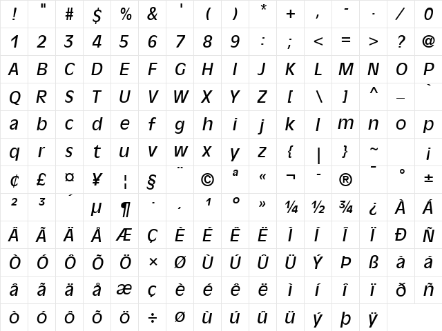 Antique Olive Roman Italic  glyph index