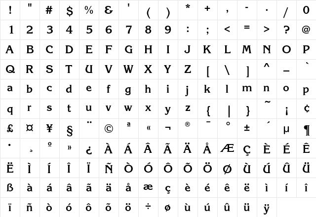 KorinnaEF-Bold Regular  glyph index