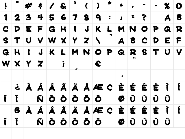 JeffreyPrint JL Bold  glyph index