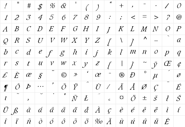 Caxton-LightItalic Regular  glyph index