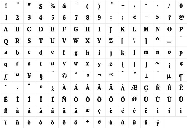 VeroneseExtraBoldCondensed Medium  glyph index