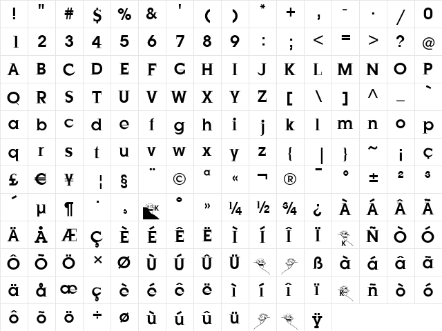 JustOldFashion Regular  glyph index