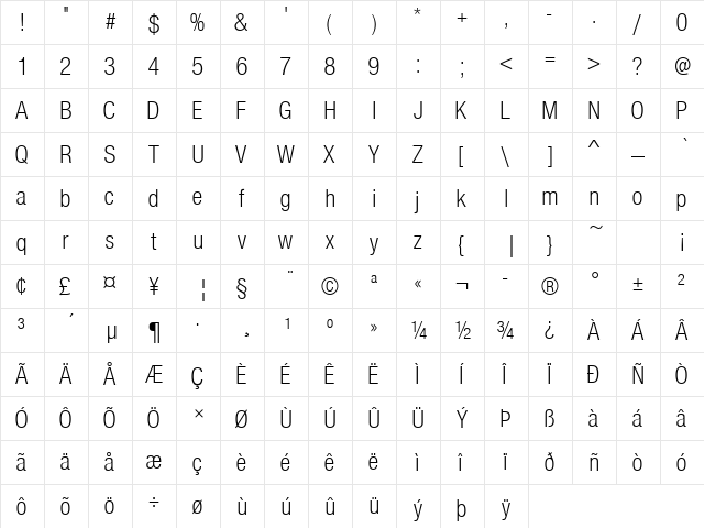 NimbusSanPLigCon Regular  glyph index