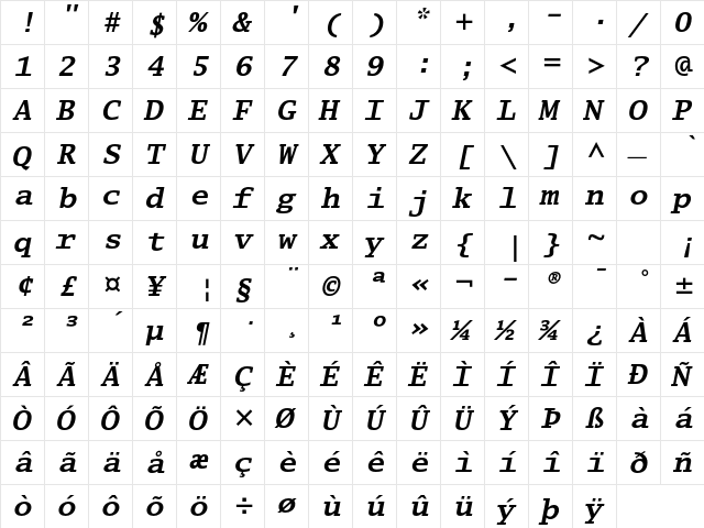 Lucida Typewriter Std Bold Oblique  glyph index