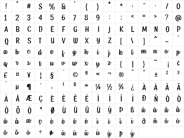 Junior Prince Regular  glyph index