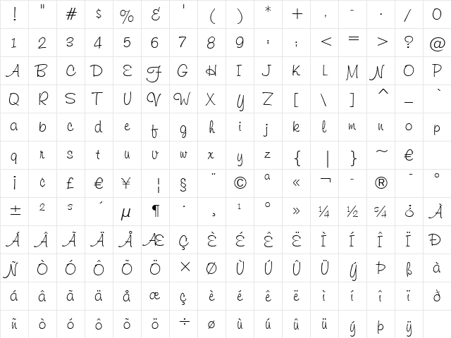 Freehand591 BT Regular  glyph index