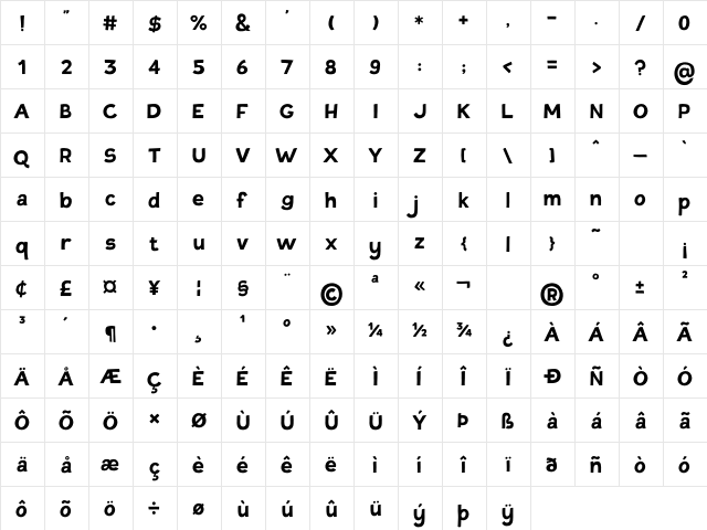 Tovari Sans Bold  glyph index