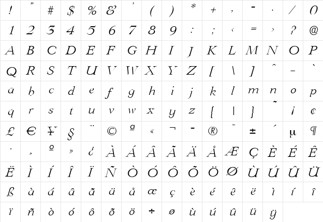 PhillipBecker-Light Italic  glyph index