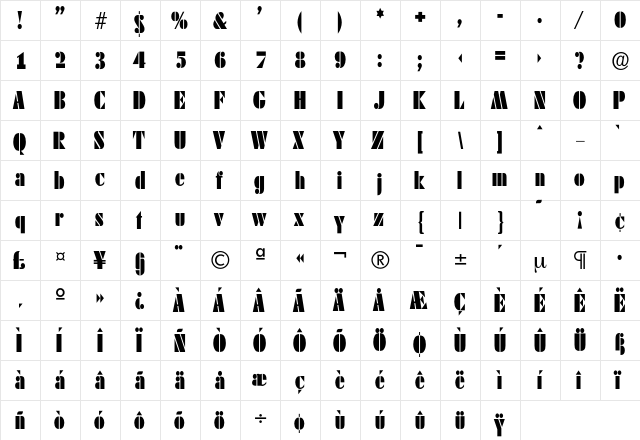 Dekoblack-Condensed Regular  glyph index